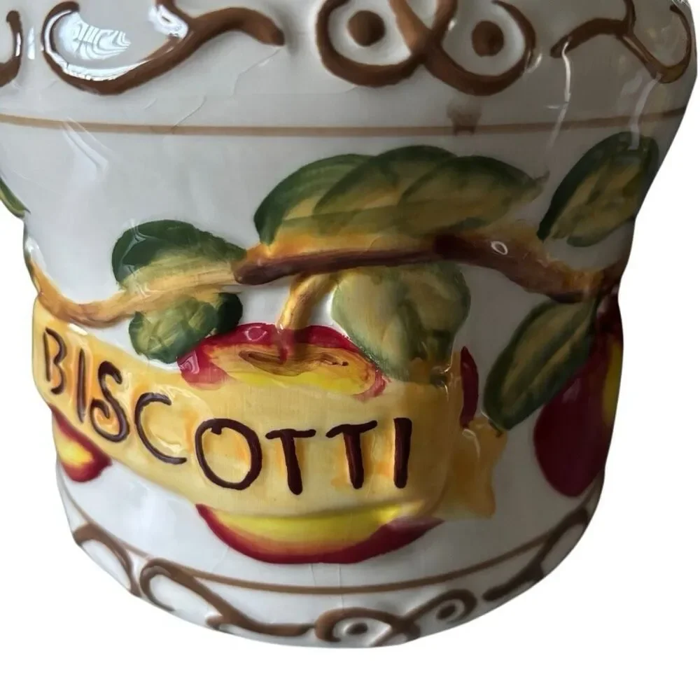 Vintage Handmade For Nonni’s Colorful Apple Design Ceramic Biscotti Jar *Read*